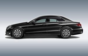 Mercedes New E Class Automobile with black color from sideview